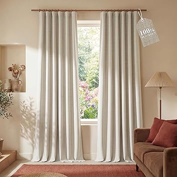 NICETOWN DIY Pinch Pleat Greige 100% Blackout Linen Curtains 96 inches Long, Back Tab/Rod Pocket/Hook Belt Heavyweight Window Treatments White Liner for Bedroom, 2 Panels, W52 x L96