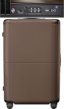July Checked Plus with CaseSafe - 28.75" Built in Tracking, Airline Approved Check In Luggage with Wheels, Rolling Suitcase for Men & Women - Silent Spinner Wheels, Y-Strap - Dark Brown