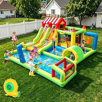 Step4Fun 11-in-1 Inflatable Water Slide Bounce House, Large Backyard Water Park with Climbing Wall & Dual Slides, Bouncy Castle for Big Kids