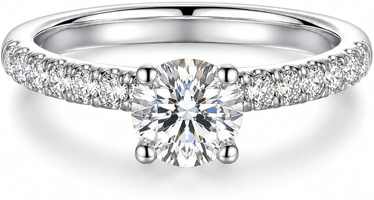 AURALUME Lab Grown Diamond Engagement Ring 1 CT Main Stone 2mm 0.56cttw Side Stone D Color VVS Clarity 4 Prong Solitaire S925 Sterling Silver Promise Anniversary Wedding Rings for Women