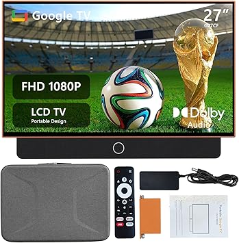 27 inch Portable TV FHD 1080P Android14 OS with Google TV,9000mAh Battery,Dolby Audio,100%sRGB,Google Assistant,Leather Handle,Streaming Android TV with Carry Case for Outdoor Travel Camping,Orange