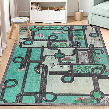 Superior Country Road Non-Slip Indoor Rug for Kids, Toddlers & Babies, Washable for Playroom, Kids Room, Nursery, or Bedroom, Interactive Road, Streets, Buildings and Trees, 9' x 12', Pine Green
