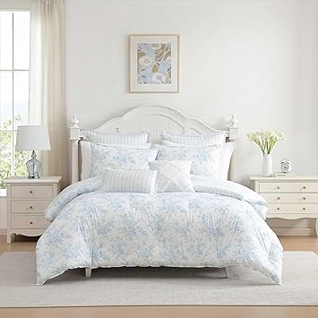 Laura Ashley - Twin Bonus Comforter Set, Soft Reversible Bedding Set, 5 Piece Bed Set with Matching Pillowcases, Euro Shams, & Throw Pillow Covers (Annalise Floral/Dilly Dally Stripe Blue)