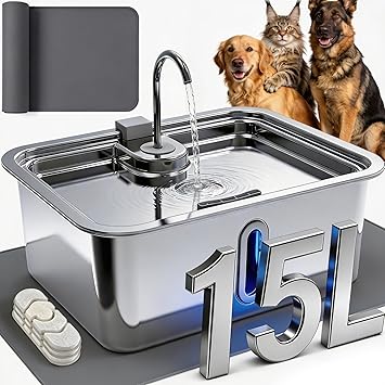 15L/4Gal Large Dog Water Fountain with Pet Feeding Mat & 3 Filters, Stainless Steel Pet Water Fountain for Dogs Cats, Dog Water Bowl Dispenser with Visible Window, Alert Light, Quiet Pump