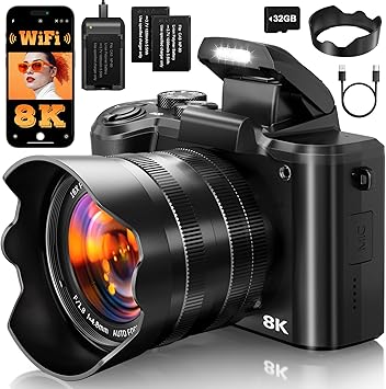 8K Digital Cameras for Photography Autofocus, 2026 Upgrade 88MP WiFi Professional 16X Zoom Photography Camera with Dual-Lens for YouTube, SD Card, Lens Hood, Touch Screen, 2 Batteries & Charging Stand