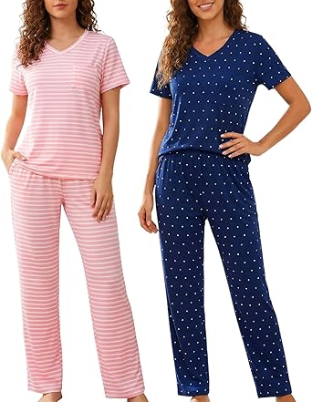 ENJOYNIGHT Womens 2 Pack Short Sleeve V Neck Pajamas Set Soft Loungewear Long Pants with Pockets