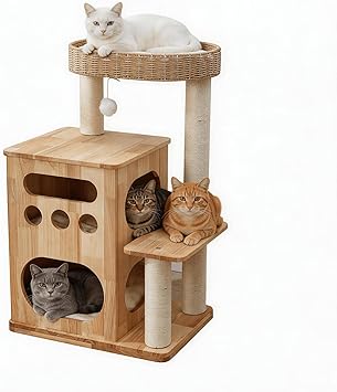Wooden Cat Tree for Big Cats, Luxury Cat Tower with Scratching Post for Indoor Cats, Cute Cat Houses for Large Cats, Luxury Cat Condo with Handwoven Basket Easy to Clean