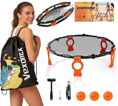 Upgraded Foldable Outdoor Games Kit (Includes 3 Balls, Pump, Carrying Case & Rules), VEXOMIX Metal Roundnet Game Set for Backyard, Lawn, Beach & Tailgating