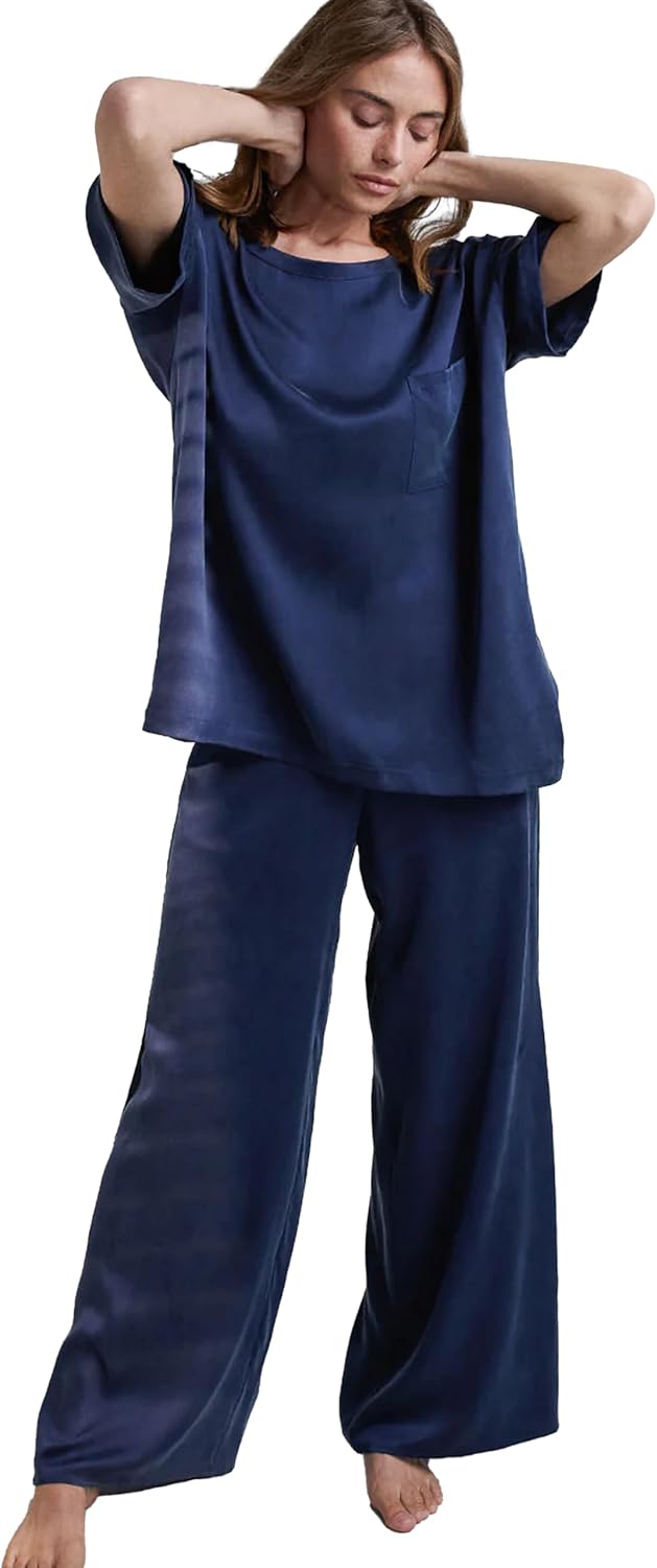 Lunya Washable Silk Tee Pant Set for Women - Oversized Top with Pocket and Pull On Pants