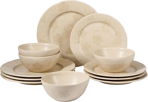 Bloomhouse - 2 Time Oprah's Favorite Things - Made in Portugal Hand Painted Dinnerware Set - Porto Petals 12 Piece (Service for 4) Floral Plates and Bowls Set - Lilly Cream