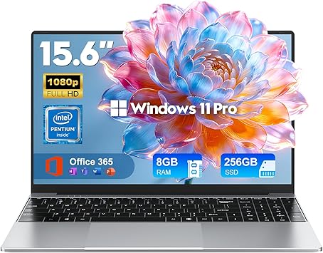 2026 Laptop Computer,15.6 Inch Windows 11 Pro Laptops with Microsoft Office,8GB RAM 256GB SSD,Intel Pentium Process,6H Battery,Mini HDMI,cam|Mic,Portable Thin for College Student Kids Business Work