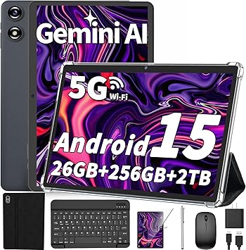 Android tablet 10 inch, 2026 Android 15 Tablet with Keyboard, 26GB+256GB (2TB Expand), Gemini AI Tablet with 8-Core, 8000mAh, 5G WiFi, Widevine L1, 2 in 1 Tablets PC with Case/Mouse/Stylus-Black Case
