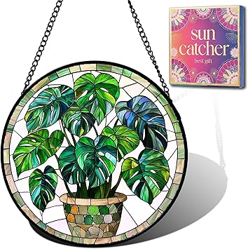 Birthday Gifts for Women - Green Monstera Plant Faux Stained Glass Window Hanging Sun Catcher for Door Garden Acrylic Decor Mother's Day Christmas for Mom Nana Grandma Sisters Wife 9.8"