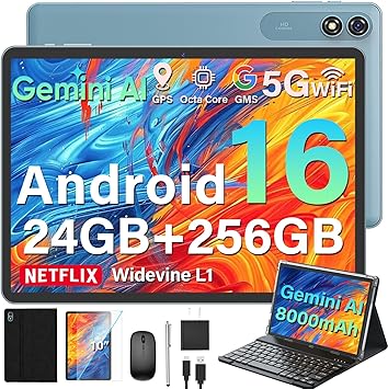 2026 Upgraded Android 16 Tablet, 10 inch Tablet with Keyboard, 24GB+256GB+2TB Expand, Gemini AI Tablet PC with 8-Core, 8000mAh, WiFi, GPS, Electronic 2-in-1 Tablets with Case, Mouse, Stylus (Black)