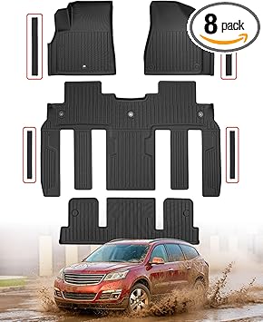 for Chevy Traverse & for Buick Enclave (Captain’s Chairs Only) 2009–2017 Floor Mats, TPE All-Weather Custom Fit Floor Liners with Door Sill Protectors, for Traverse/Enclave Accessories 8PCS