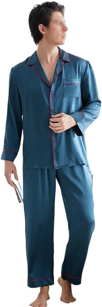 Two-piece Set Men's Silk Pajamas With Contrasting Edging And Long Sleeved Pants