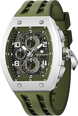 TSAR BOMBA Mens Luxury Watch Watches for Men 50M Waterproof Japanese Quartz Movement Tonneau Stainless Steel Case Sapphire Glass with Chronograph Date Function Cool Unique Fashion Gift