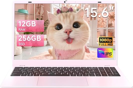 Pink Laptop 15.6 Inch, 12GB RAM 256GB SSD, Pentium Gold 6500Y up to 3.4GHz, FHD IPS Display, USB-A 3.0 USB-C HDMI WiFi, Thin & Lightweight Laptops for Students and Business