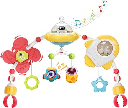 GONINO Baby Stroller Arch Toy, Musical Car Seat Toys for Babies 0-6 Months Girl, Adjustable Crib Mobile with Hanging Toys for Bassinet & Bouncer, Space Newborn Toy with Lights, Baby Girl Gifts