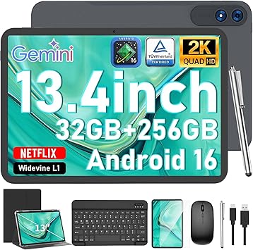 13 Inch Tablet, Android 16 Tablet with Keyboard, 32GB+256GB+2TB Expand, 120Hz 1920x1200 IPS Display, Gemini AI, 10000mAh, 8-Core, Wi-Fi, GPS, Large Screen 2K Tablet PC with Case, Mouse, Stylus(Black)