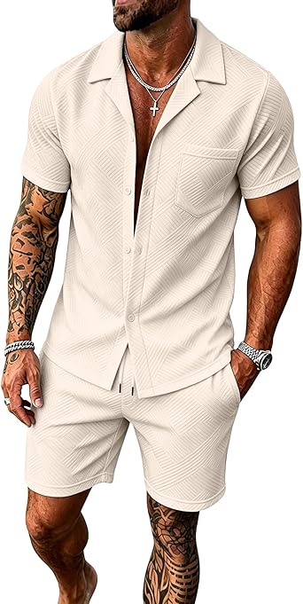 UOUA Mens Short Sets 2 Piece Summer Outfits Jacquard Short Sleeve Button Down Shirt and Shorts Set