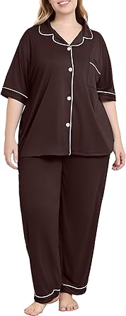Women Plus Size Button Down Pajamas Short Sleeve & Pants Lounge Sets Outfit Classic Soft Bride Sleepwear Nighty