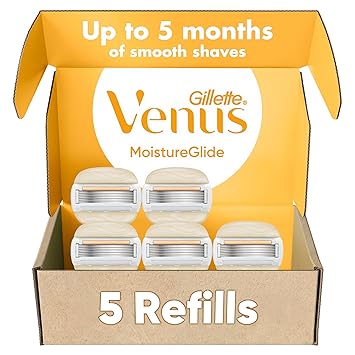 Gillette Venus Moistureglide Women's Razor Refills, 5 Refill Cartridges, Fits Venus Reusable Razor Handles, 5-Bladed Razor Blades with Built-in Shave Gel Bars, Women's Razor