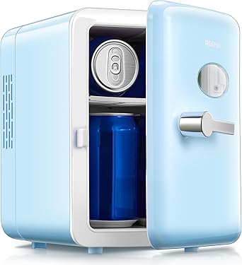 Reemix Mini Fridge, 4L/6 Cans Retro Portable Cooler For 120V Home & 12V DC Car Use, Skincare Fridge for Bedroom, Car, Office, Dorm, Aqua