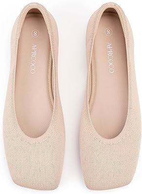 AprCoco Women's Wide Toe Box Flats Square Toe Ballet Shoes Washable Knit Lightweight Slip On Walking Flats for Women Office Casual Dress