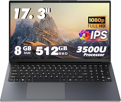 17.3 Inch Backlit Keyboard Laptop, AMD 3500U (Up to 3.7GHz), DDR4 8GB SSD 512GB, Type-C, RJ45, Bluetoothi 5.0, Dual WiFi, USB 3.0, Webcam, HDMI, Ultral Light Laptop for Students and Business