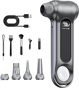 Compressed Air Duster 150000RPM Brushless Motor, Stepless Speed, Rechargeable Powerful Cordless Blower, Portable Air Duster with LED & Magnifier, Nozzle Kit for Keyboard Electronics Car Home (Gray)