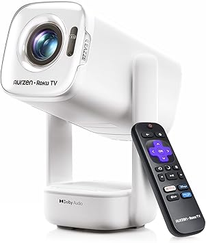 Aurzen Roku TV USB-C Powered Smart Portable Projector with Wifi and Bluetooth, D1R air Roku TV Built-in, Native 1080P, DoIby Audio, Mini Projector for Home, Soccer Game/Outdoor Movies, White