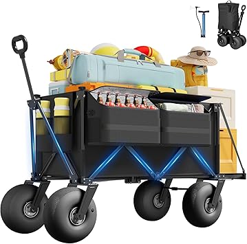 Beach Wagon with Big Wheels for Sand - 450lbs Load Heavy Duty Wagons Carts Foldable with 9" All Terrain Inflatable Tires, Collapsible Beach Cart for Grocery Shopping Garden Sports Camping Outdoor