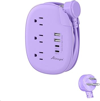Alitayee Purple Travel Power Strip with 4 USB Ports(2 USB C) 3 Outlets, 3ft Purple Extension Cord Wrapped Around with 45° Flat Plug and No Surge Protector for Cruise Travel Home Cute Kawaii Dorm Desk