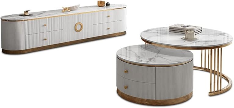 White Round Coffee Table Stainless Steel Set TV Suitable for Whole House Furniture Living Room
