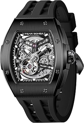 TSAR BOMBA Men's Automatic Watch Luxury Skeleton Watches for Men Mechanical 50M Waterproof Analogue Tonneau Watches Mens Unique Cool Square Big Face Dial Wristwatch Gift for Men