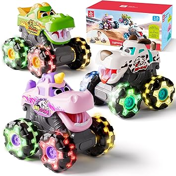 HOLA 3 Pack Monster Truck Toys, Push & Go Friction-Powered Light Up Cars with Color Changing LED Wheels for Kids Toddlers 1-5, Toys for 1 2 3 4 5 Years Old Boys Girls Christmas Birthady Gifts