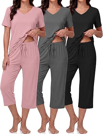 Unittype 3 Pack Women's Pajama Sets V Neck Short Sleeve Tops Capri Pants 2 Piece Pjs Soft Loungewear Sleepwear with Pockets