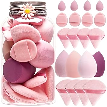 20PCS Makeup Sponge Set With Storage Jar, Wet & Dry Dual Use Beauty Blenders, Triangle Powder Puffs & Mini Finger Puffs,Soft Latex Free Sponges for Liquid, Cream, Powder And Concealer（Pink）