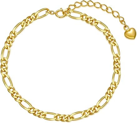 18K Solid Gold Bracelets for Women, 4mm Figaro Chain Real Yellow Gold Adjustable Italian Link Chain Bracelet Jewelry Anniversary Birthday Gift for Her Mother Wife Sister 8"