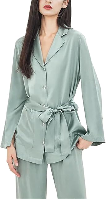 Women's 100 Percent Real Silk Pajamas Set Solid Lapel Full Sleeve Sleep Home Clothes