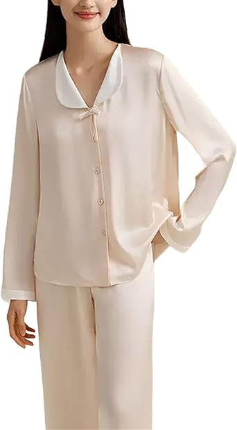 Womens Silk Pajamas Set Long Sleeve Top and Pants Casual Bow 2 Piece Homewear