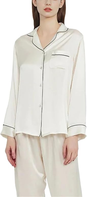 100 Percent Real Mulberry Silk Pajamas Set for Women Sleepwear Pjs Long Sleeve Button Down Top and Pants Loungewear