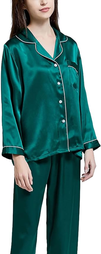 Womens Silk Pajamas Set Full Sleeve Solid Lapel 2 Piece Casual Soft Sleepwear