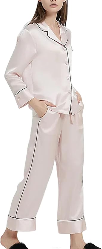 Womens Silk Pajamas Set Long Sleeve Button Down Sleepwear 2 Piece Lounge Set XL