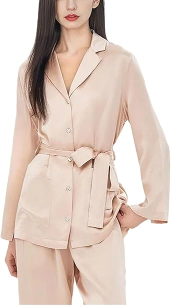 Womens Silk Pajamas Set Solid Full Sleeve 2 Piece Sleepwear Home Clothes