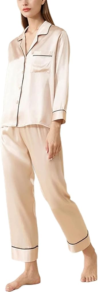 Women 100 Percent Silk Pajamas long Sleeve Button Down Solid Breathable Set Home Wear