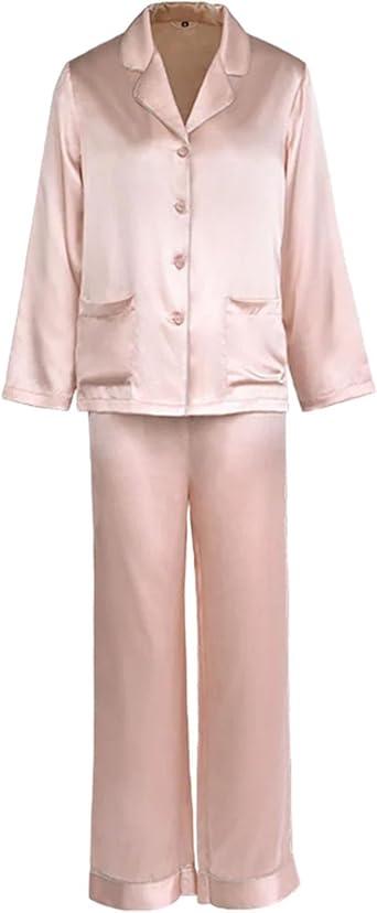 Women 100 Percent Silk Pajama Set Long Sleeve Lapel Solid Breathable Sleepwear with Elastic Waist Pants