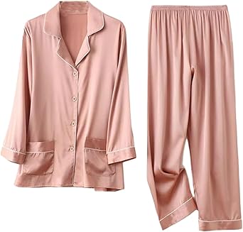 Womens Silk Pajamas Set Long Sleeve Top and Pants 2 Piece Solid Home Clothes