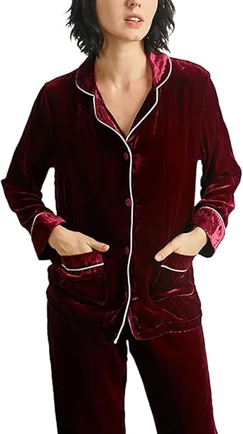 Womens Silk Pajamas Set Velvet Thick Full Sleeve Warm Sleepwear 2 Piece Set